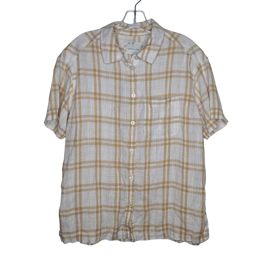 NWT American Eagle white tan plaid linen short sleeve button down shirt - medium